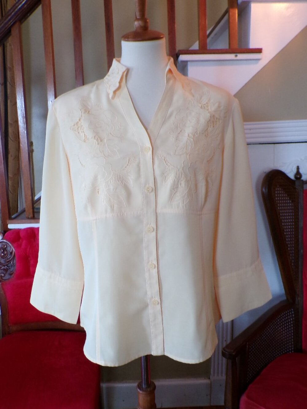 K.C. STUDIO Women’s Yellow 3/4 Sleeve Button-Down Blouse w/Floral Design Sz 14